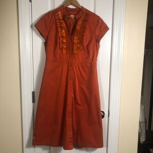 Retro Rust Orange Lined Dress‎ Pockets 12 A-Line Midi Dark Academia Cottagecore
